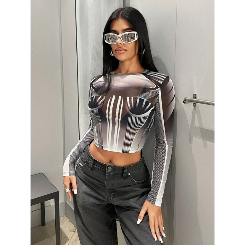 SHEIN ICON Women's Size S Gray Cyber Graphic Print Casual Sheer Crop Top NIB